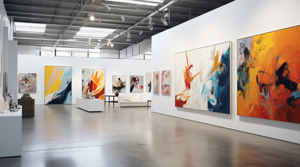 Minimalistic modern art gallery with beautiful paintings on the wall