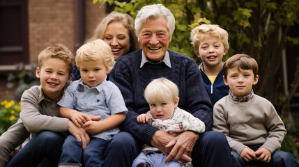 Elderly gentleman is sitting on a sofa with four young children, likely his grandchildren, all smiling and posing for a family portrait in a cozy home setting.