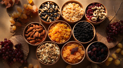 nuts and dried fruits in bamboo cups on a table view from top, food, healthy, white, spice, brown,...