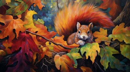 A close-up of a squirrel nestled among colorful leaves, a symbol of autumn's bounty and wildlife.