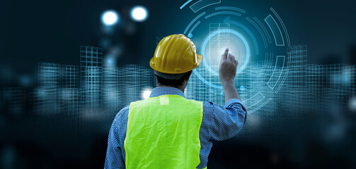 Engineer city architecture wireframe technology, architect builder construction site worker building city structure, blue banner background, ui graphics display interface blueprint. - obrazy, fototapety, plakaty
