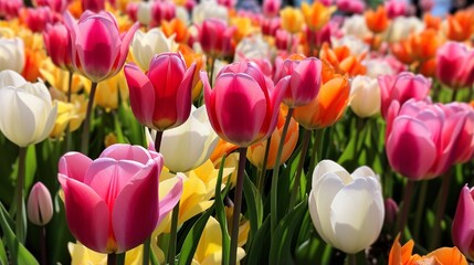 a close-up of a field of tulips, each bloom showcasing its distinct beauty and a rainbow of hues.