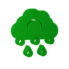 Green Cloud with rain icon isolated on transparent background. Rain cloud precipitation with rain drops.