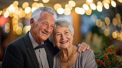 Joyous elderly couple smiling and embracing each other