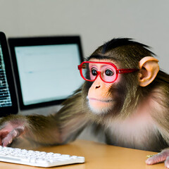 monkey sitting in red glasses at the computer created with generative ai technology	