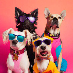 four cheerful rocker dogs on a bright background created with generative ai technology