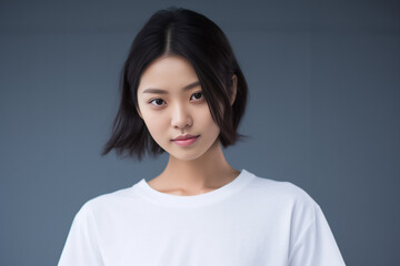 Fototapeta premium An Asian girl with captivating big eyes, a short bobtail hairstyle, and a subtle smile exudes cuteness and innocence against a semi desaturated gray backdrop. Generative AI.