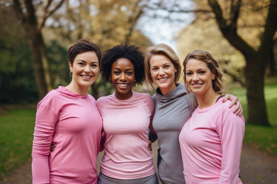 Group of women of different ethnicity dressed in pink to raise awareness of breast cancer