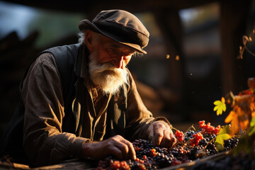 A rugged man in his outdoor attire, with a white beard and hat, peacefully forages for juicy berries amidst a field of vibrant flowers