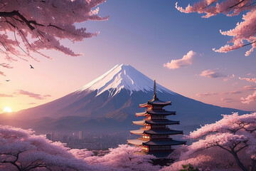 sun sets over Mount Fuji, a dragon made of cherry blossoms and flower petals dances in the sky, its gentle breath bringing warmth and life to the surrounding landscape - obrazy, fototapety, plakaty
