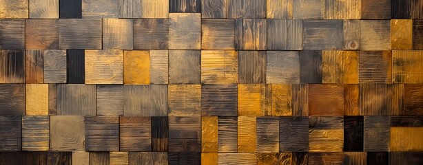  Wooden blocks, squares, cubes in gold and black for a wall texture. Grain and structure of ancient, vintage wood. Wide format. Luxury cubes covering backdrop.