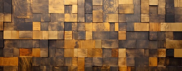  Wooden blocks, squares, cubes in gold and black for a wall texture. Grain and structure of ancient, vintage wood. Wide format. Luxury cubes covering backdrop.