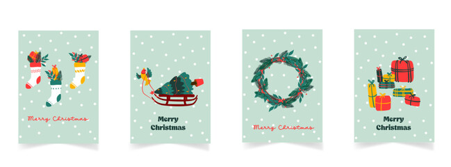 Ensemble de cartes de voeux de Noël, nouvel an, vacances d'hiver avec décoration de Noël. Affiches d'illustration vectorielle dans un style dessin à la main - obrazy, fototapety, plakaty