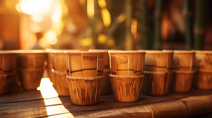 Bamboo cups on a table, blurred background, home, object, cup