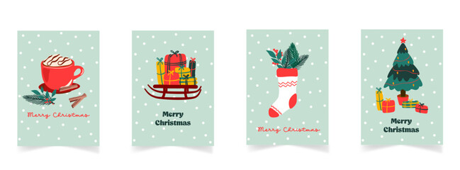 Set de cartes Joyeux Noël et bonne année ou modèle d'affiche vertical. Style minimaliste, éléments traditionnels décoration, impression de cartes de voeux,