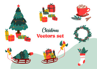 Set de Noel éléments vectoriels décoration pour cartes de vœux et bannière fête de fin d’année avec cadeaux sapin et luge - obrazy, fototapety, plakaty