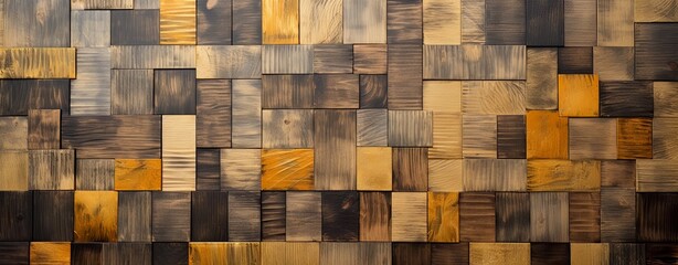  Wooden blocks, squares, cubes in gold and black for a wall texture. Grain and structure of ancient, vintage wood. Wide format. Luxury cubes covering backdrop.