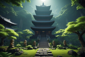 The ancient temples of Japan, surrounded by lush green forests, are guarded by fierce dragons with scales as black as night and flames as hot as the sun.