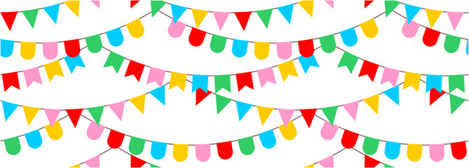 Festive flag garland pattern. Birthday party and carnival garland decoration. isolated on white background - obrazy, fototapety, plakaty