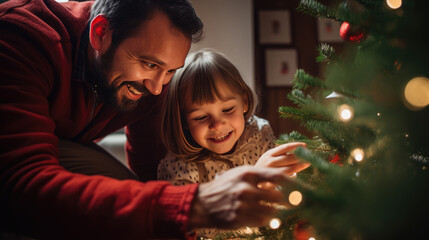 Fototapeta na wymiar A father and his daughter share a heartwarming moment as they decorate a glowing Christmas tree together.