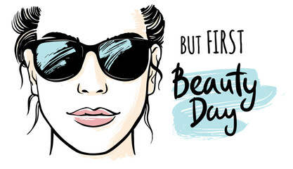 Women face with sunglasses. Female Beauty day.