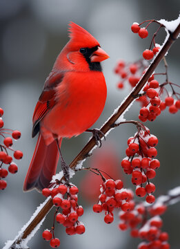 Red cardinal portrait in snowy winter perched on branch with berries.