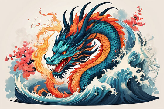 a dragon exhaling vibrant and fiery breath essence of the legendary Japanese dragon, and the dynamic beauty of its fiery breath