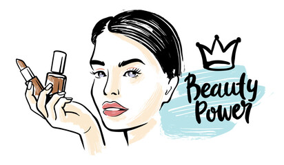 Fashion girl with lips. Hand holding lipstick and nail polish