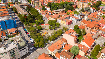 Fototapeta na wymiar Aerial view of the main square of Vimodrone, in the metropolitan city of Milan, Italy.