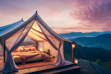 Glamping camping tent with cozy accessories, candles and beautiful mountain landscape at sunset. Warm cozy light inside camp tent. Millennial trend vacation destination. Staycation in mountain - obrazy, fototapety, plakaty
