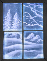 Beautiful blue and white winter landscape as seen outside a window.