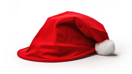 Red Santa Claus hat with a white fur trim and pompom, typically associated with Christmas festivities, against a white background.