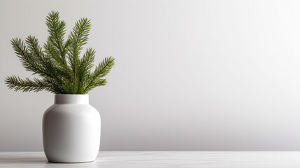 A vibrant green plant with lush leaves is elegantly placed in a white ceramic vase against a minimalist white background. - obrazy, fototapety, plakaty