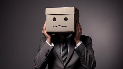 A person standing with a cardboard box on their head, drawn with a sad face expression, wearing a formal business suit and tie against a dark gray background.