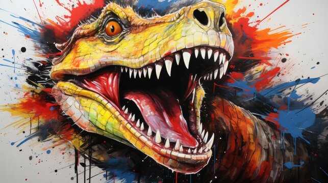  a painting of a dinosaur with its mouth open and it's teeth wide open with paint splatters all over it.  generative ai