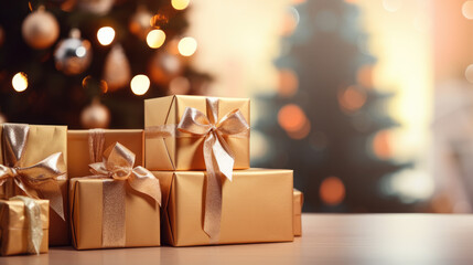 Elegantly wrapped Christmas presents adorned with shimmering ribbons, placed on a table, with a softly lit Christmas tree in the background