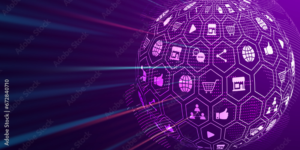 Fototapete Digital marketing advertise using social media connecting with customers with internet engagement, world network creating innovative targeting advertisement, graphics illustration purple background