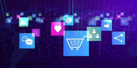 Online Digital marketing advertise on social media platform increase revenue traffic connecting with customers with engagement, network innovative advertisement, graphic illustration purple background