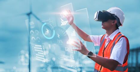 Engineer wearing VR technology simulation control graphical screen interaction inspecting wind turbine power energy levels check up statistics, eco environmentally friendly sustainable power resources