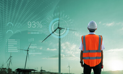 Engineer inspecting wind turbine farm plantation check up maintenance, eco environmentally...