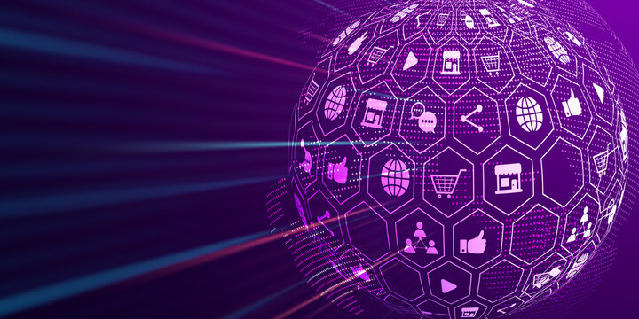 Digital marketing advertise using social media connecting with customers with internet engagement, world network creating innovative targeting advertisement, graphics illustration purple background