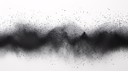 A gradient of splashes, dots, stipple and grain, in black, abstractly isolated on a white backdrop.