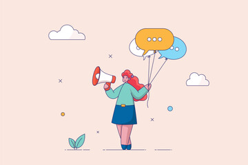 Communication or PR, Public Relations concept. Manager to communicate company information and media, announce sales or promotion. Woman holding speech bubble balloons while talking on megaphone.