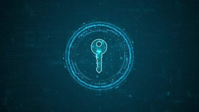 Motion graphic of Blue digital security key logo and circle futuristic HUD elements with flowing arrows with network firewall technology and data secure concepts on abstract background