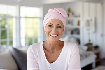 Happy Cancer Patient In Pink Headscarf, Postchemotherapy