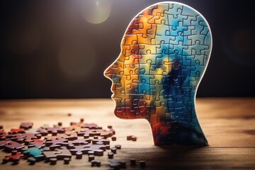 Human Head Profile And Jigsaw Puzzle, Psychology Concept - obrazy, fototapety, plakaty