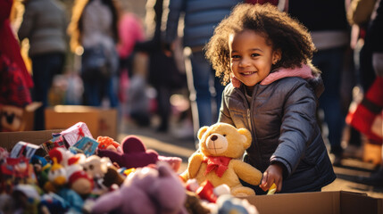 Fototapeta premium A joyful child with a wide smile is surrounded by boxes filled with colorful stuffed toys