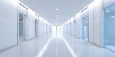 Long Office Corridor With Defocused Room Background For Presentations