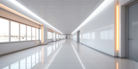 Obraz premium Long Office Corridor With Defocused Room Background For Presentations