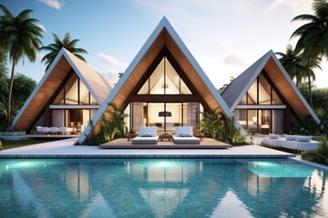 Fototapeta premium Luxury Tropical Villa With Angular Design And Pool